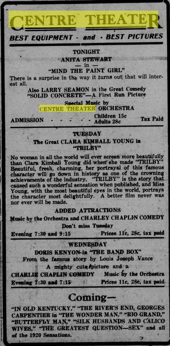 Centre Theater - Jun 14 1920 Ad (newer photo)